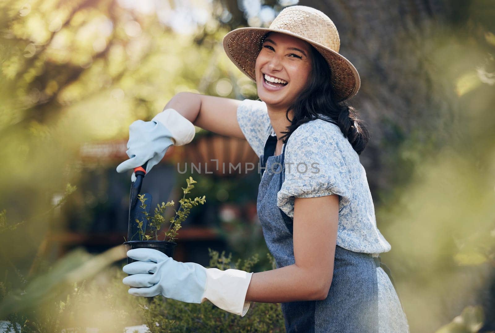 Laughing, portrait or woman in nature with plants for growth, ecology development or nursery service. Gardener, funny florist or eco friendly farming for leaves, horticulture or floral sustainability.