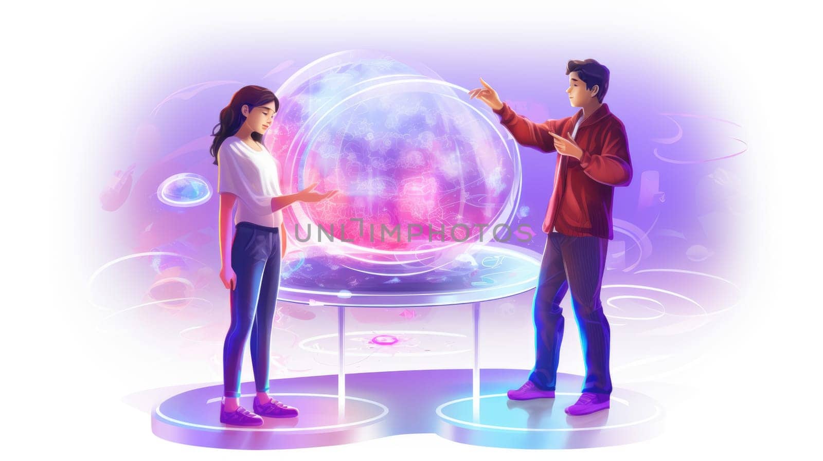 Holographic displays cartoon illustration - Generative AI. Holographic, sphere, man, woman. by simakovavector
