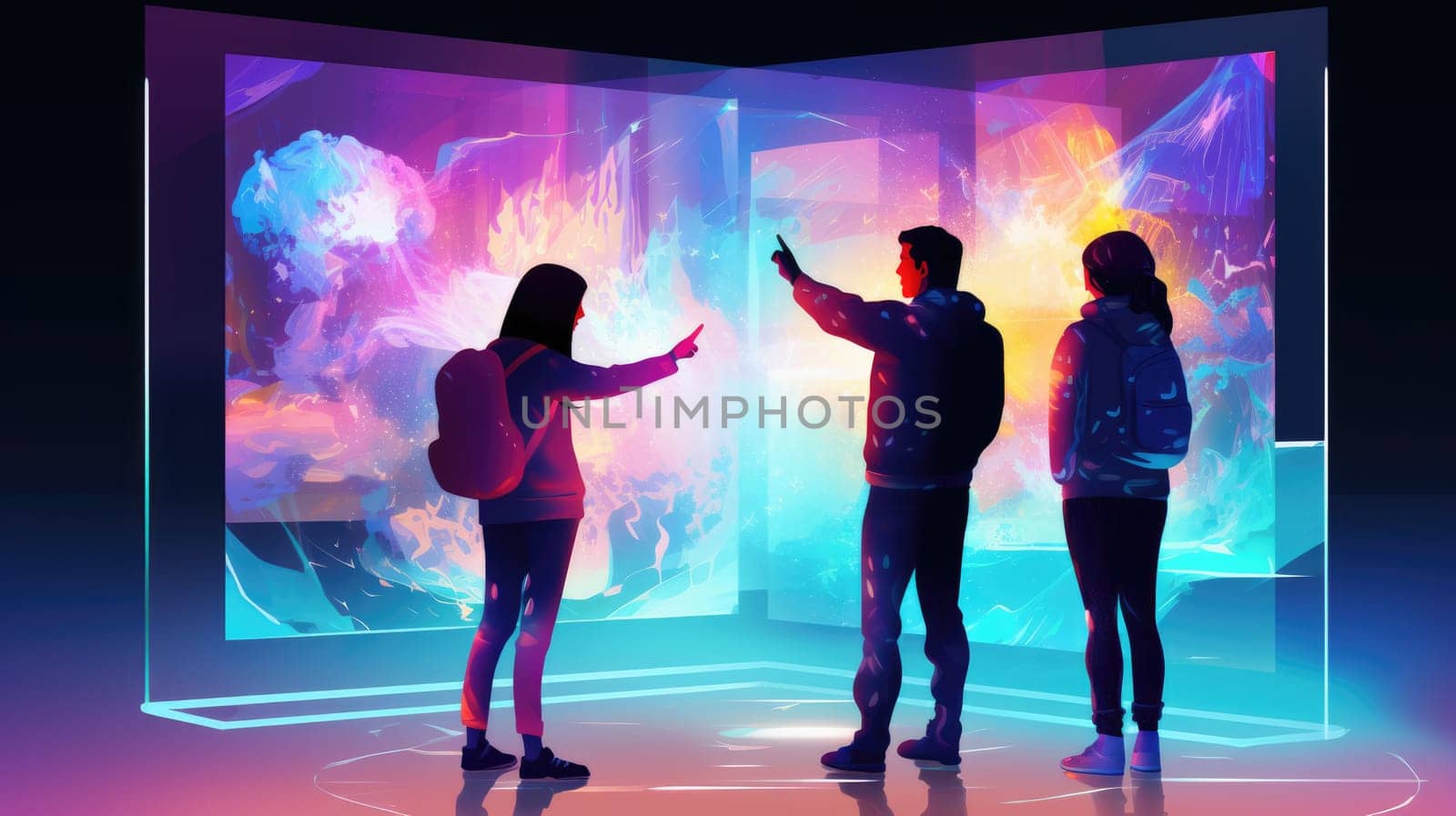 Holographic displays cartoon illustration - AI generated. Holographic, sphere, man woman