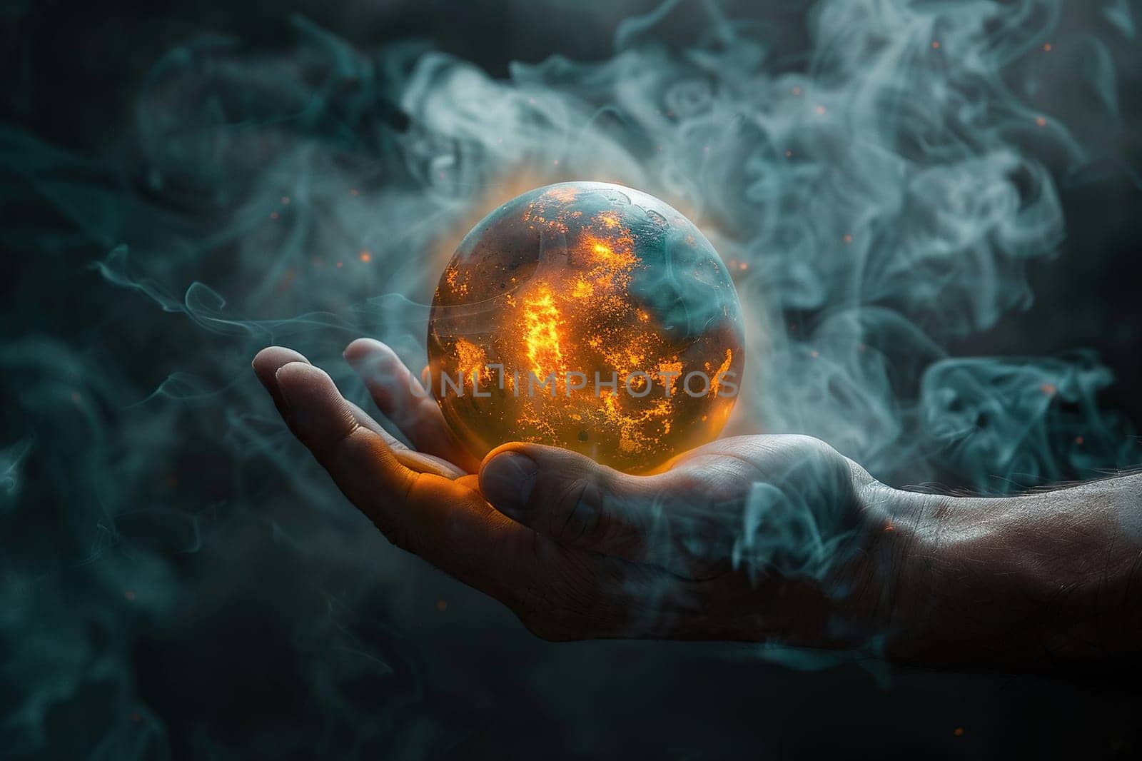 A man's hand holds a glowing ball in the form of a planet in clouds of smoke on a dark background.