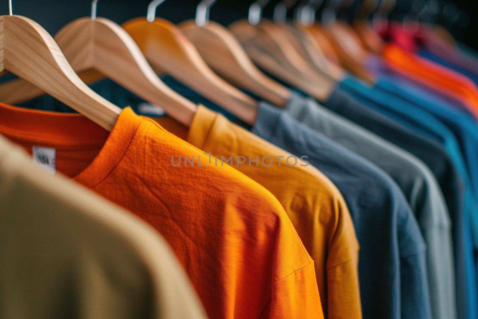 A lot of T-shirts of different colors hang on hangers close-up.