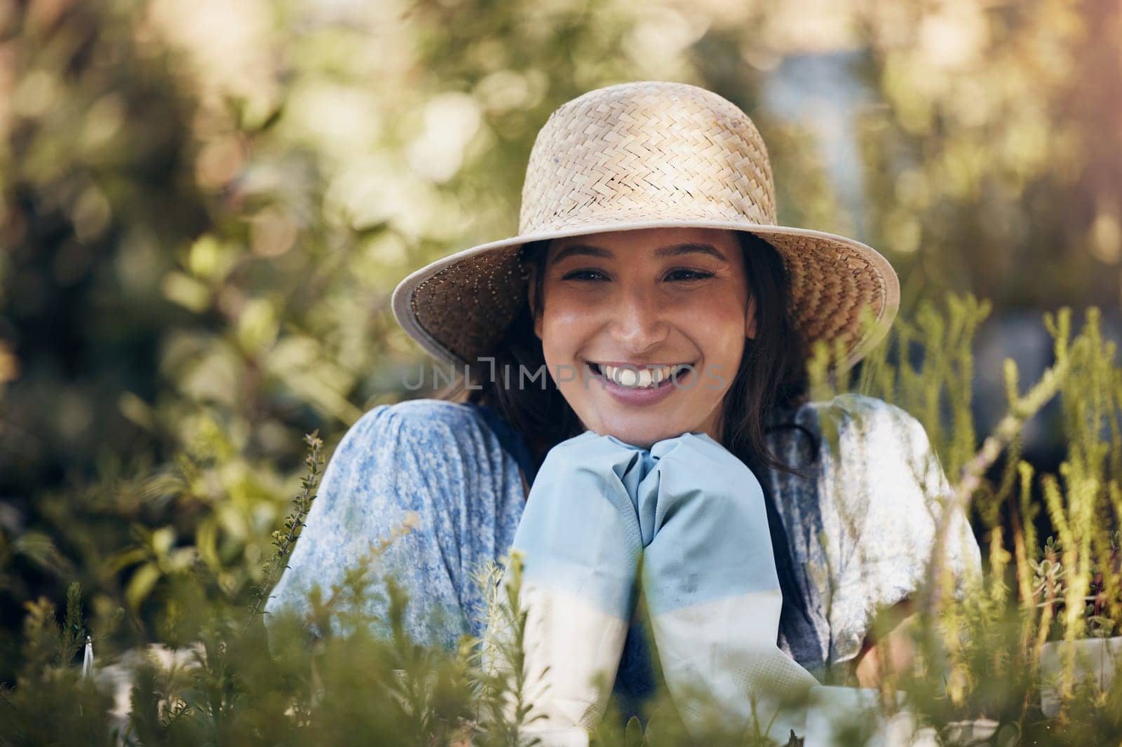 Nursery, happy or woman in nature with plants for growth, ecology development or agriculture business. Gardener, florist and eco friendly farming for leaves, horticulture or floral sustainability by YuriArcurs