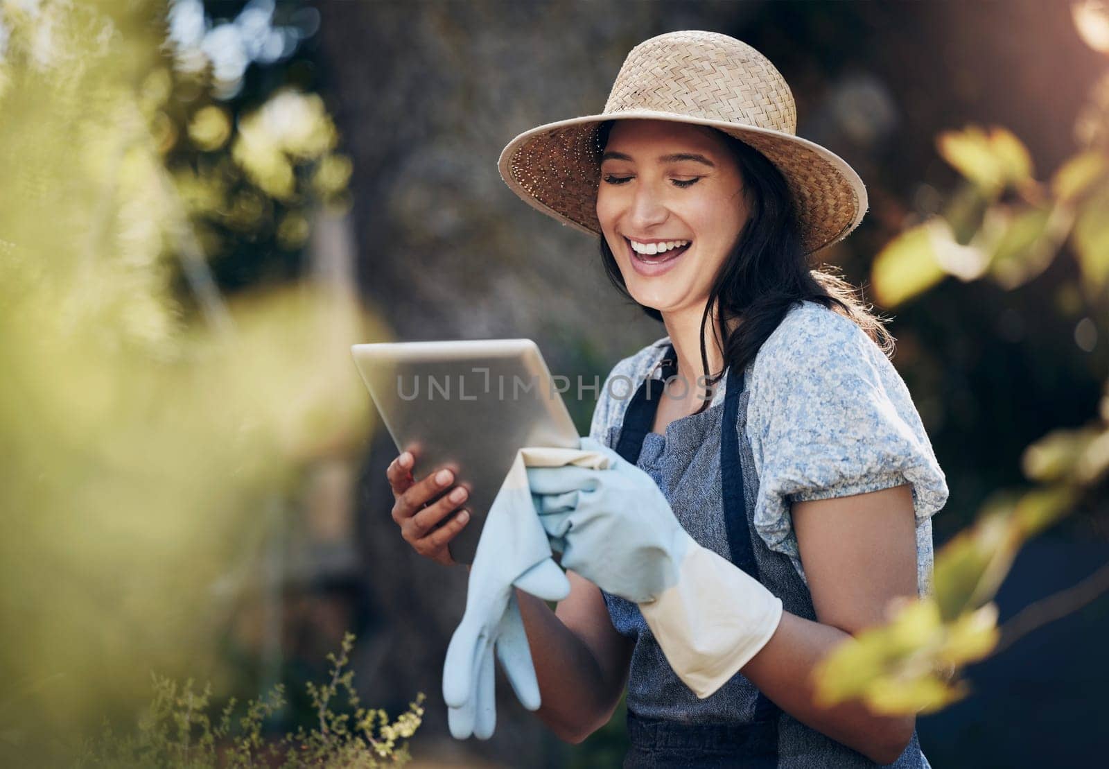 Tablet, gardening and woman checking flowers for botany, growth or development in nature. Botanist, sustainable and florist with digital technology for floral plants in eco friendly environment