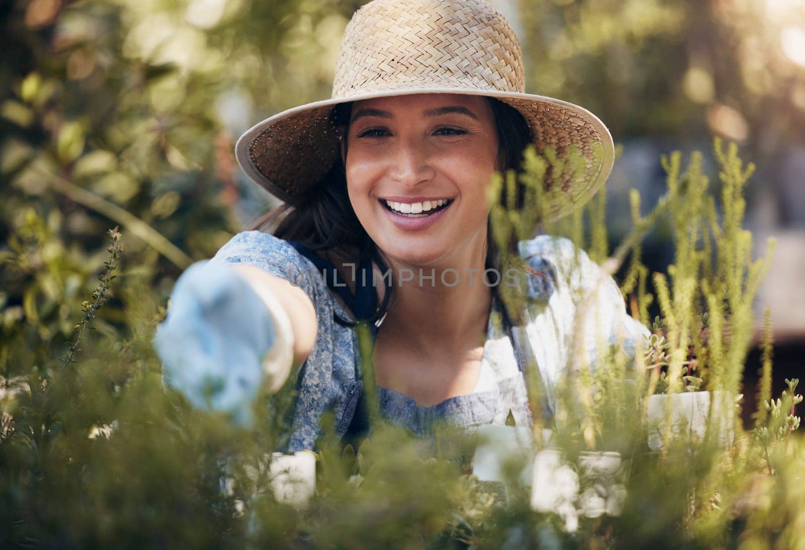 Nursery, smile or woman in nature with plants for growth, ecology development or agriculture business. Happy gardener, florist or eco friendly farming for care, horticulture or floral sustainability.