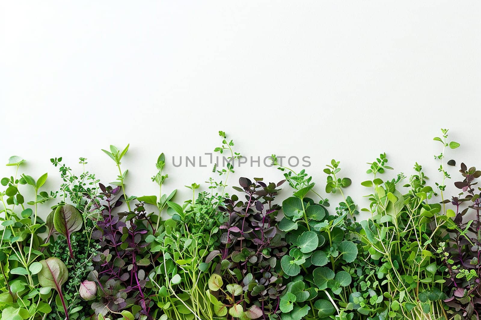 Different types of microgreens on a white background. Eco vegan healthy lifestyle bio banner. Generated by artificial intelligence by Vovmar