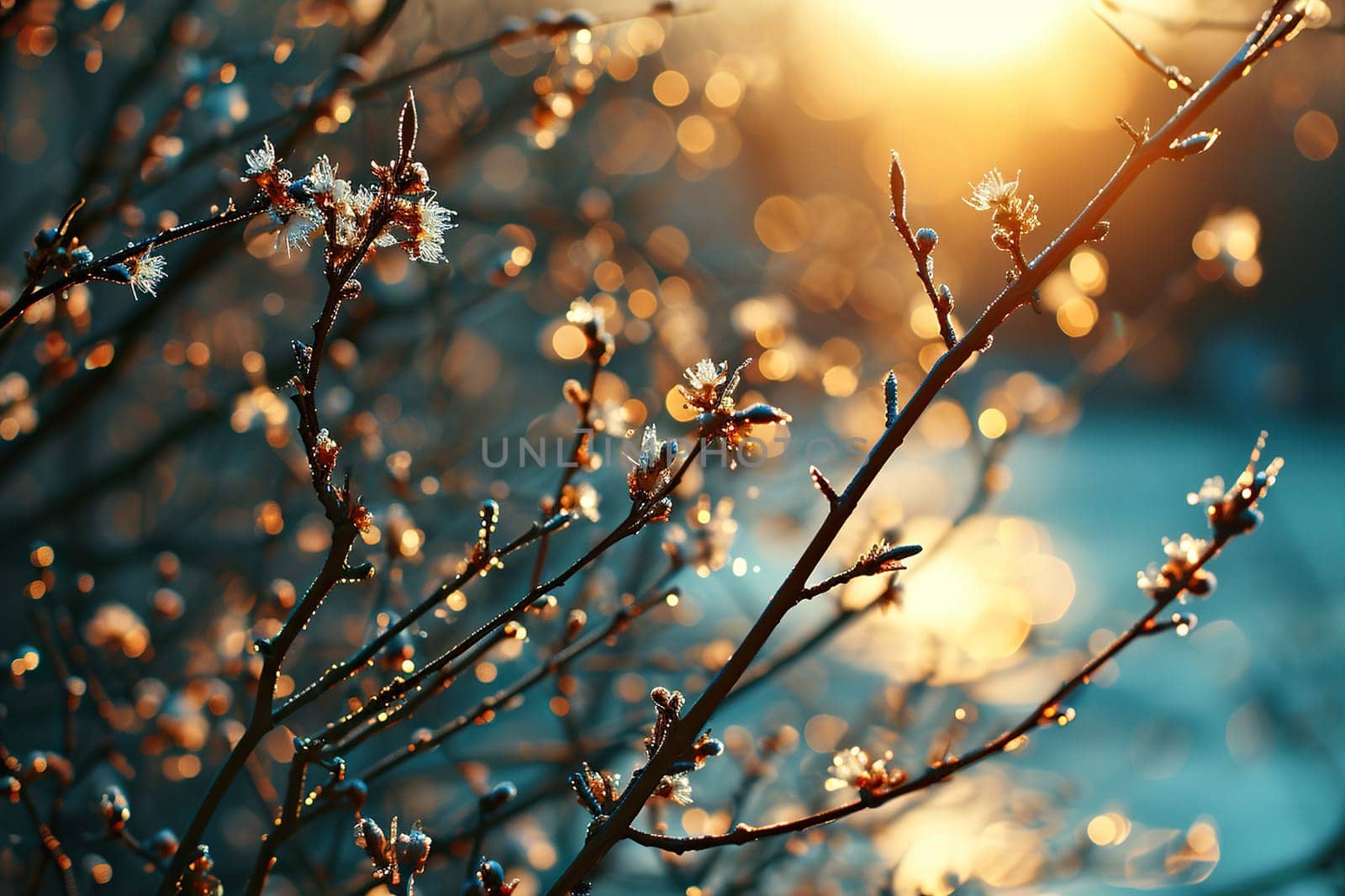 Macro photo of the first spring buds on the branches. Generated by artificial intelligence by Vovmar