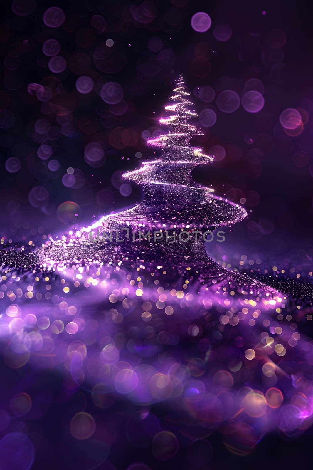 A liquid purple tree illuminated by electric blue and magenta lights on a midnight violet background, resembling a plant in a gas form