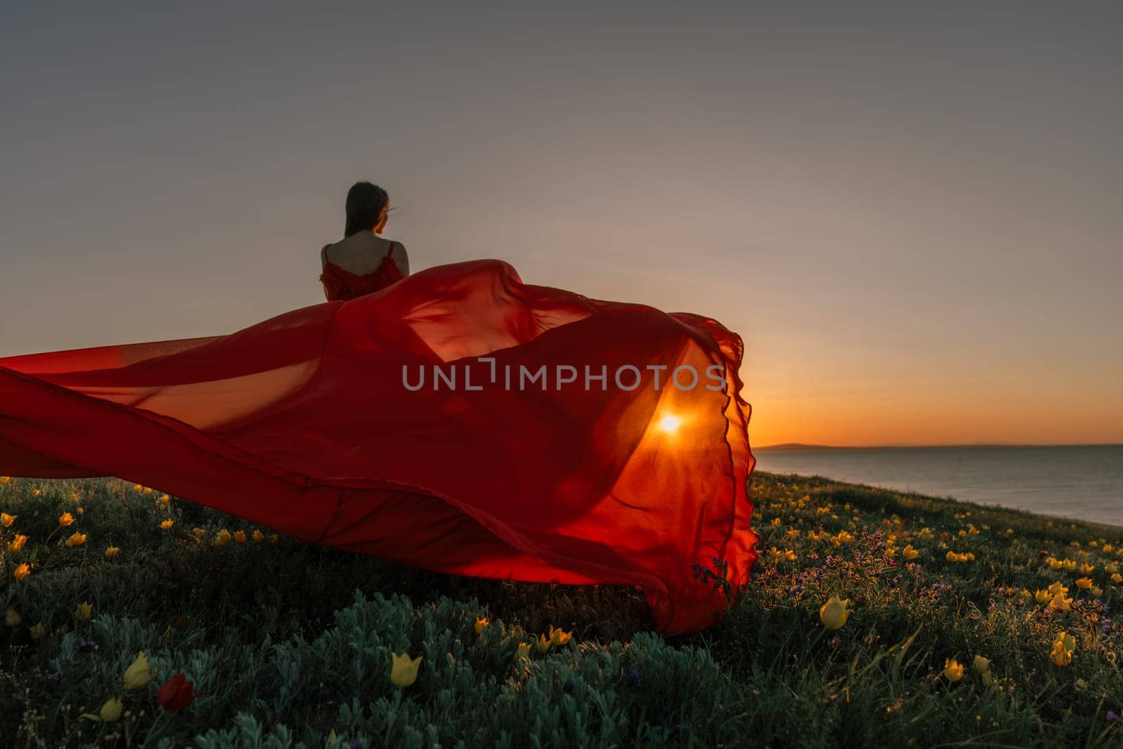 A woman in a red dress is standing in a field with the sun setting behind her. She is reaching up with her arms outstretched, as if she is trying to catch the sun. The scene is serene and peaceful
