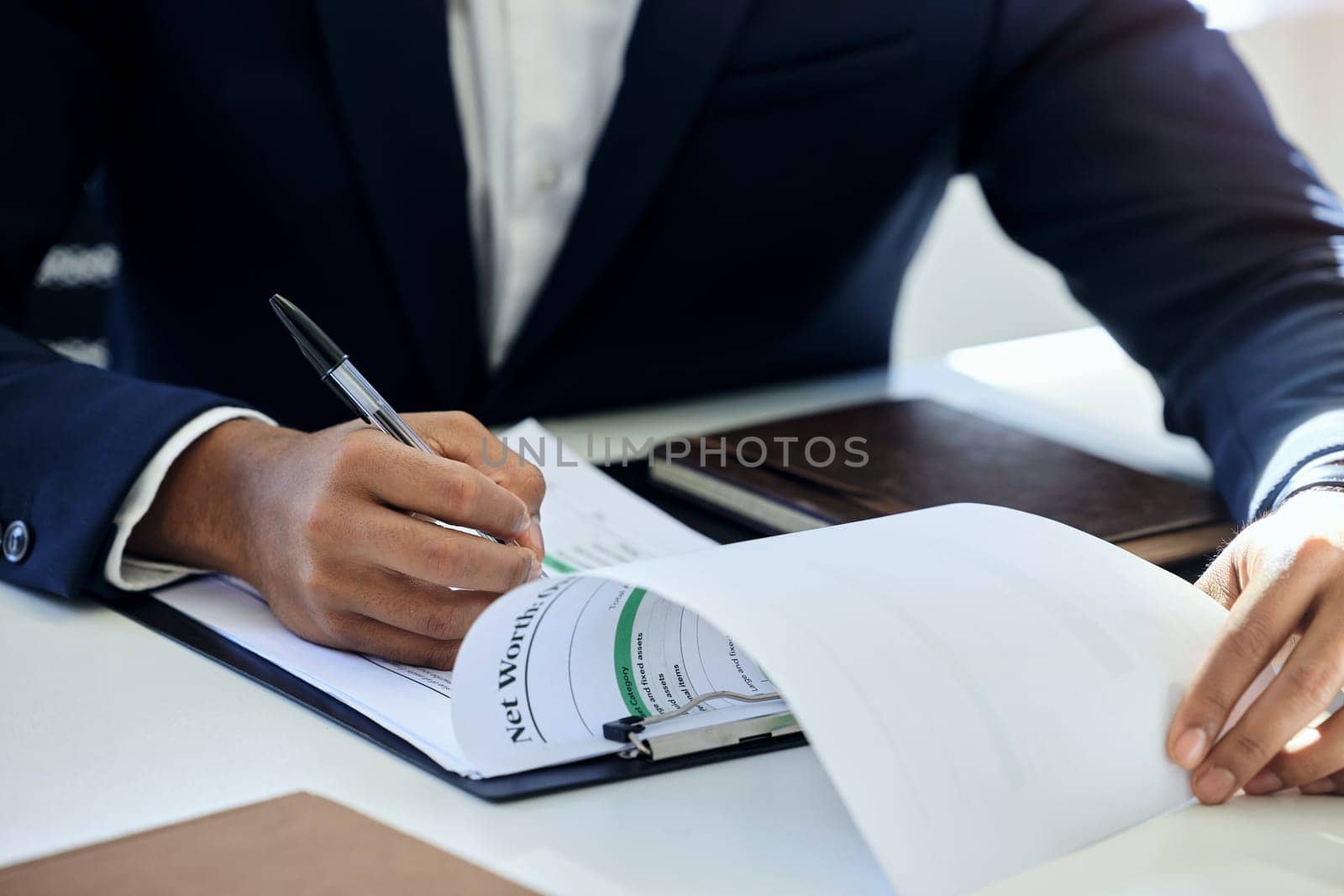 Sign, contract and hands of broker with deal in office for legal compliance, paperwork or agreement. Report, signature and checklist on policy document in meeting with insurance application of client by YuriArcurs