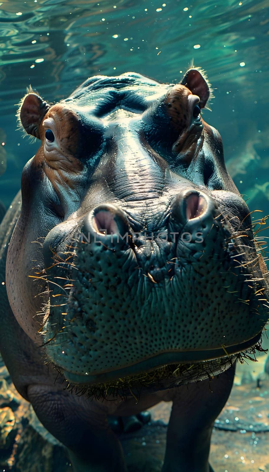 A hippopotamus, a terrestrial animal with a large body and adapted for aquatic life, is swimming in the water and fixing its gaze on the camera with its big eyes and wide jaw