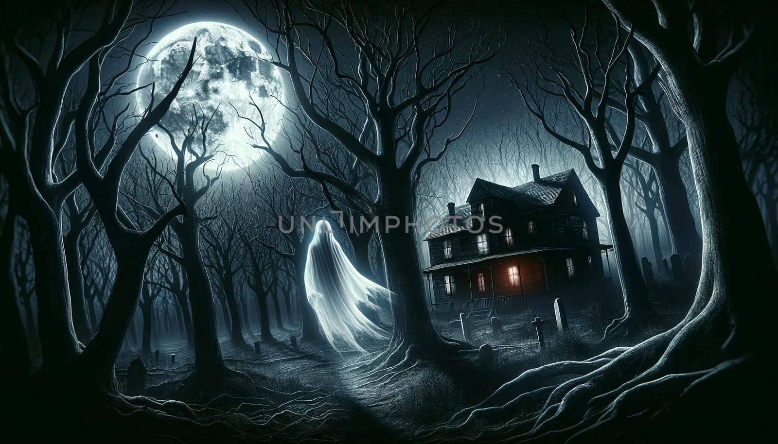 haunted house with ghost full moon and bare trees by Annado