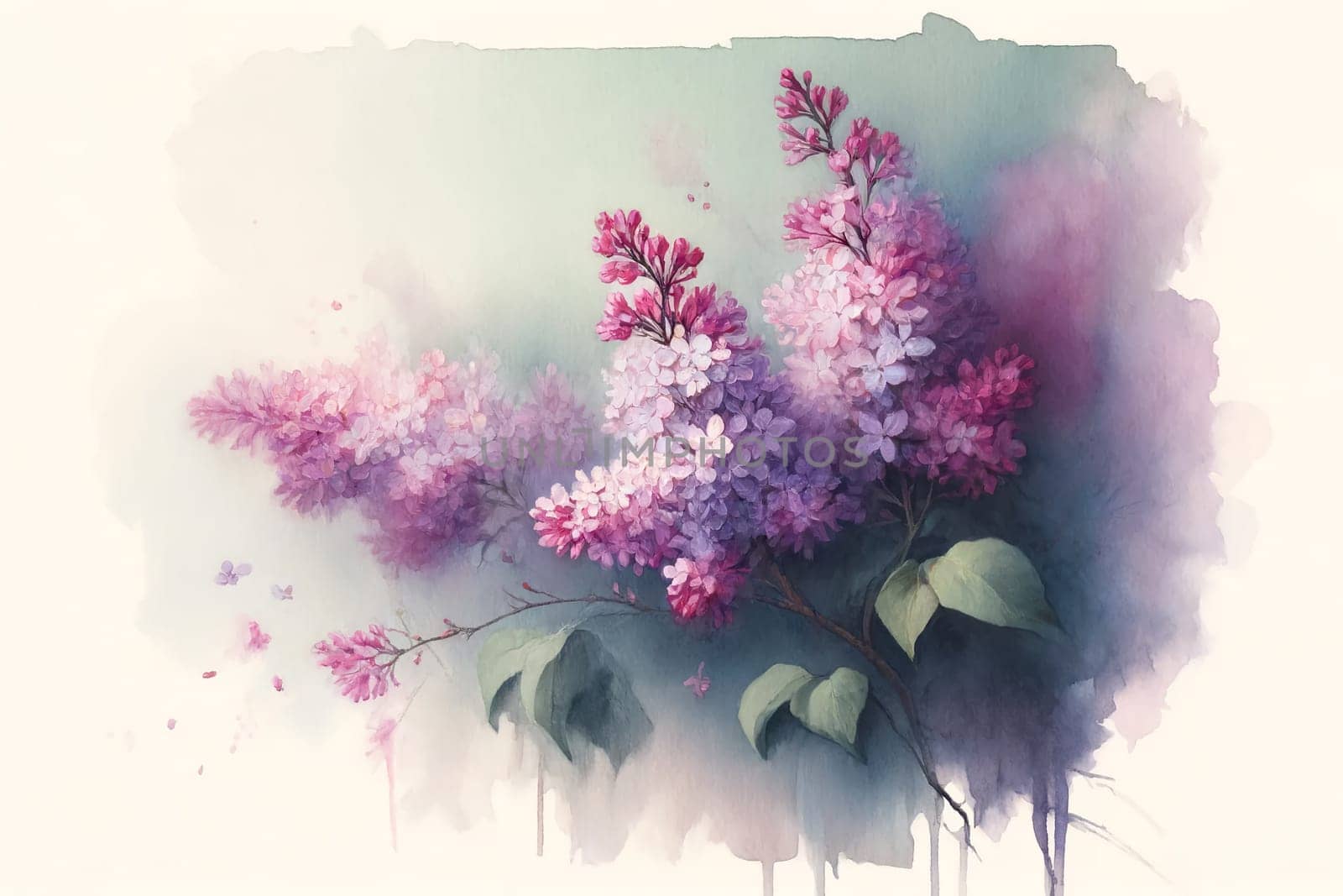 blooming delicate bouquet of lilacs on a white background, watercolor drawing by Annado