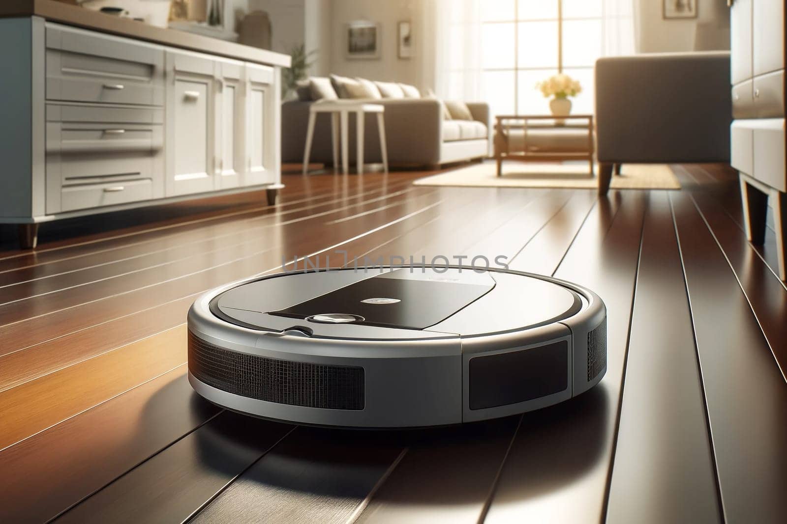 robot vacuum cleaner cleans the wooden floor in the living room close-up.