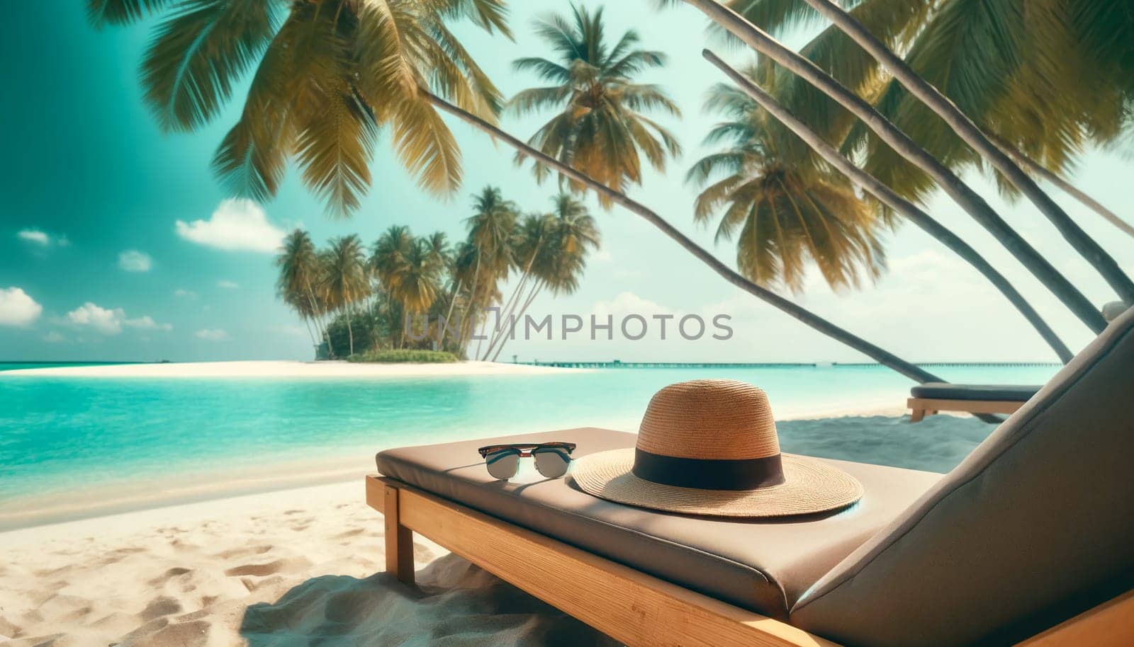 straw hat and sunglasses on a sun lounger under palm trees on a sunny ocean beach.