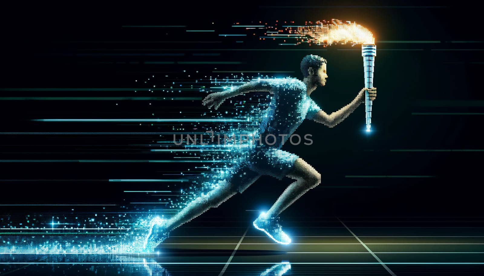 holographic athlete runs fast with the Olympic flame on a futuristic black background, symbol of the Olympics.