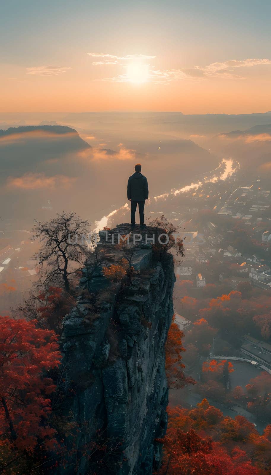 A man stands on a cliff admiring the city below at sunset. The serene atmosphere, colorful sky, and distant horizon create a beautiful natural landscape