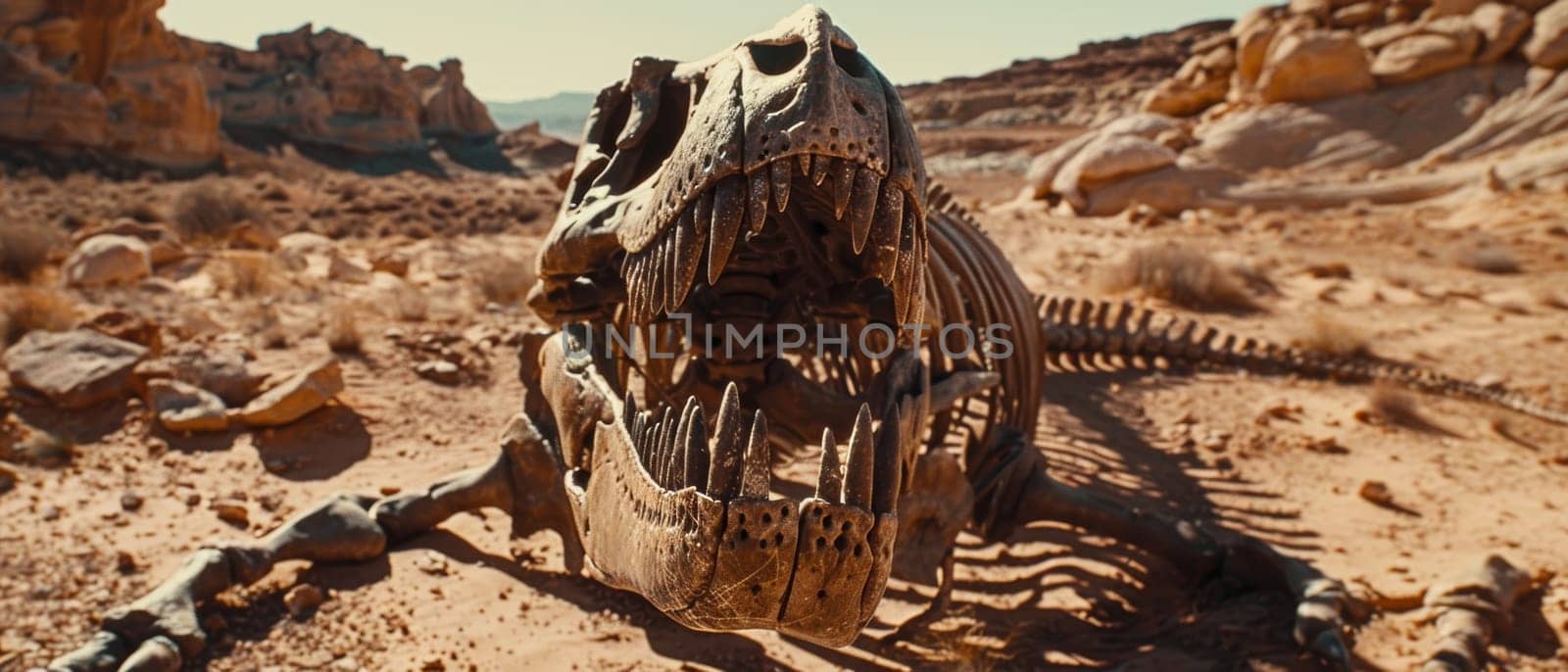 A wide-angle shot of a complete dinosaur skeleton in a desert landscape, showcasing the imposing skull with robust teeth. 3d rendering element of predator dinosaur fossil. by sfinks