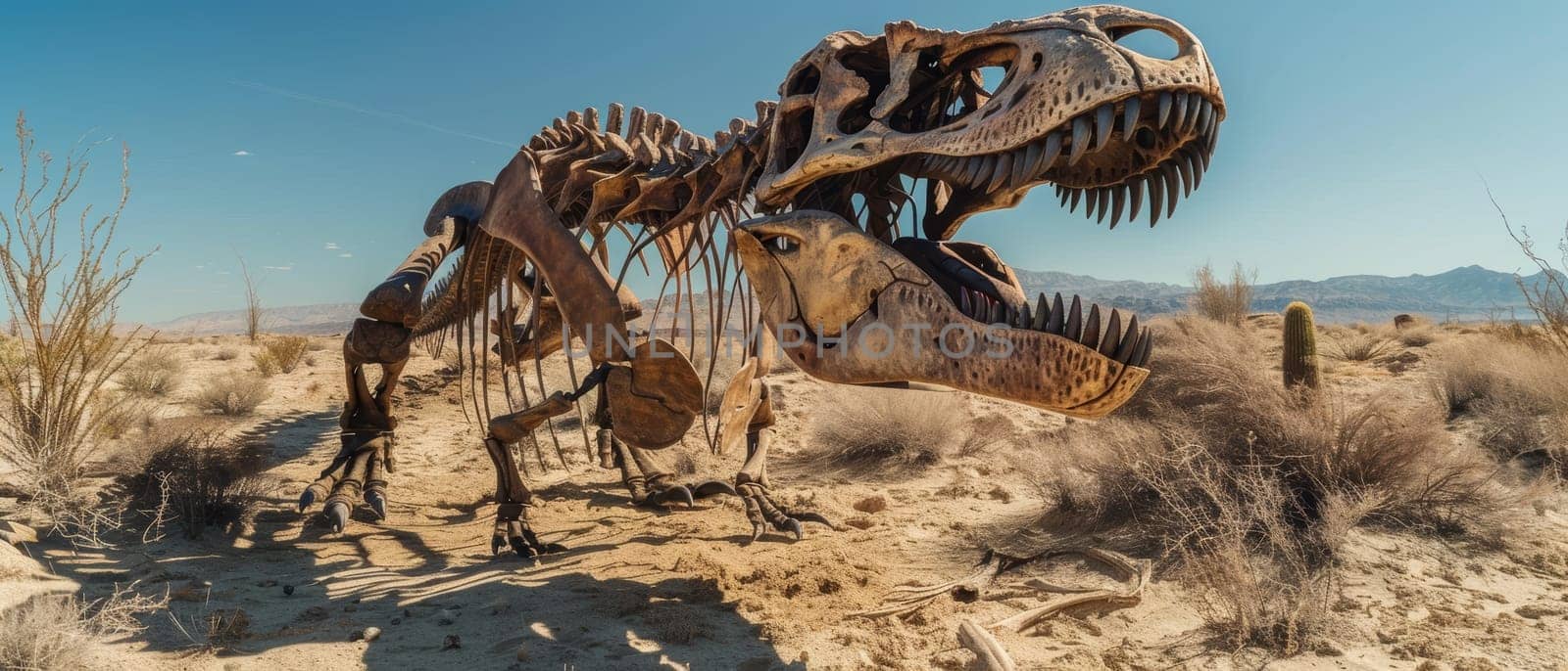 An epic depiction of two dinosaur skeletons in a confrontational stance amid the deserts expanse, simulating prehistoric combat. 3d rendering element of predator dinosaur fossil. by sfinks