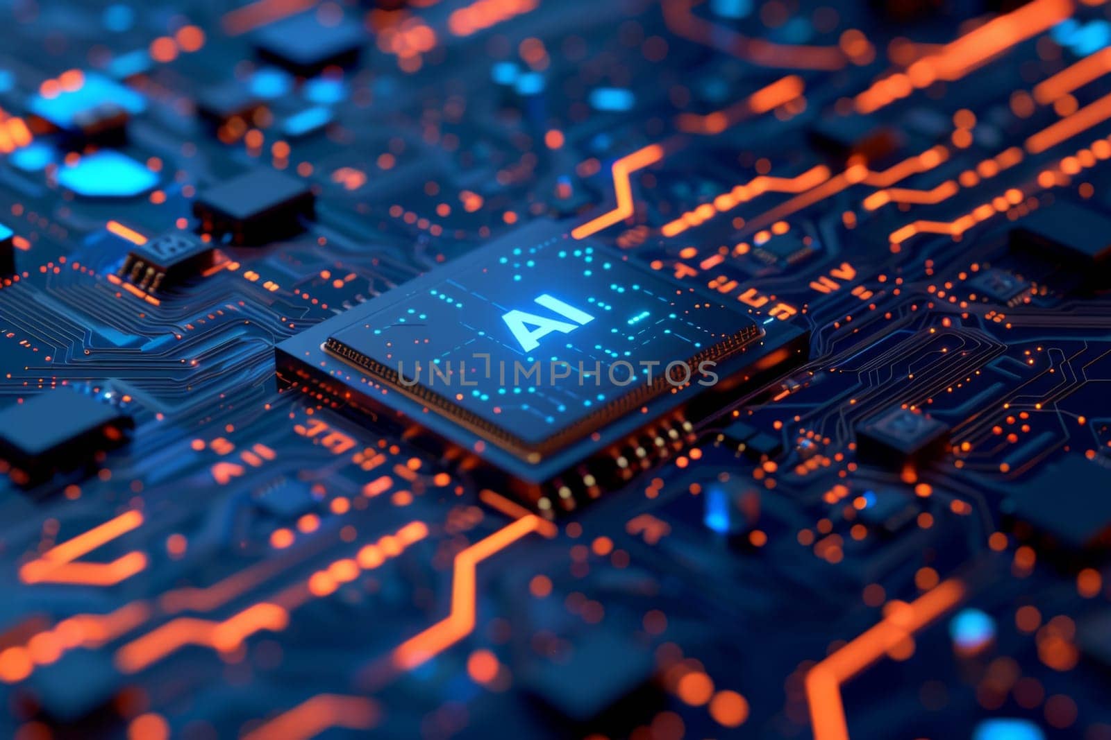 Circuit Board CPU or GPU Processor Microchip Starting Artificial Intelligence of Neural Networking and Cloud Computing.