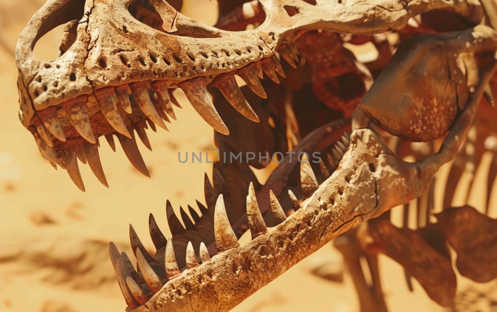 A detailed close-up of a tyrannosaur skull, with a focus on its formidable teeth and textured bone, against a sandy backdrop. 3d rendering element of predator dinosaur fossil. by sfinks