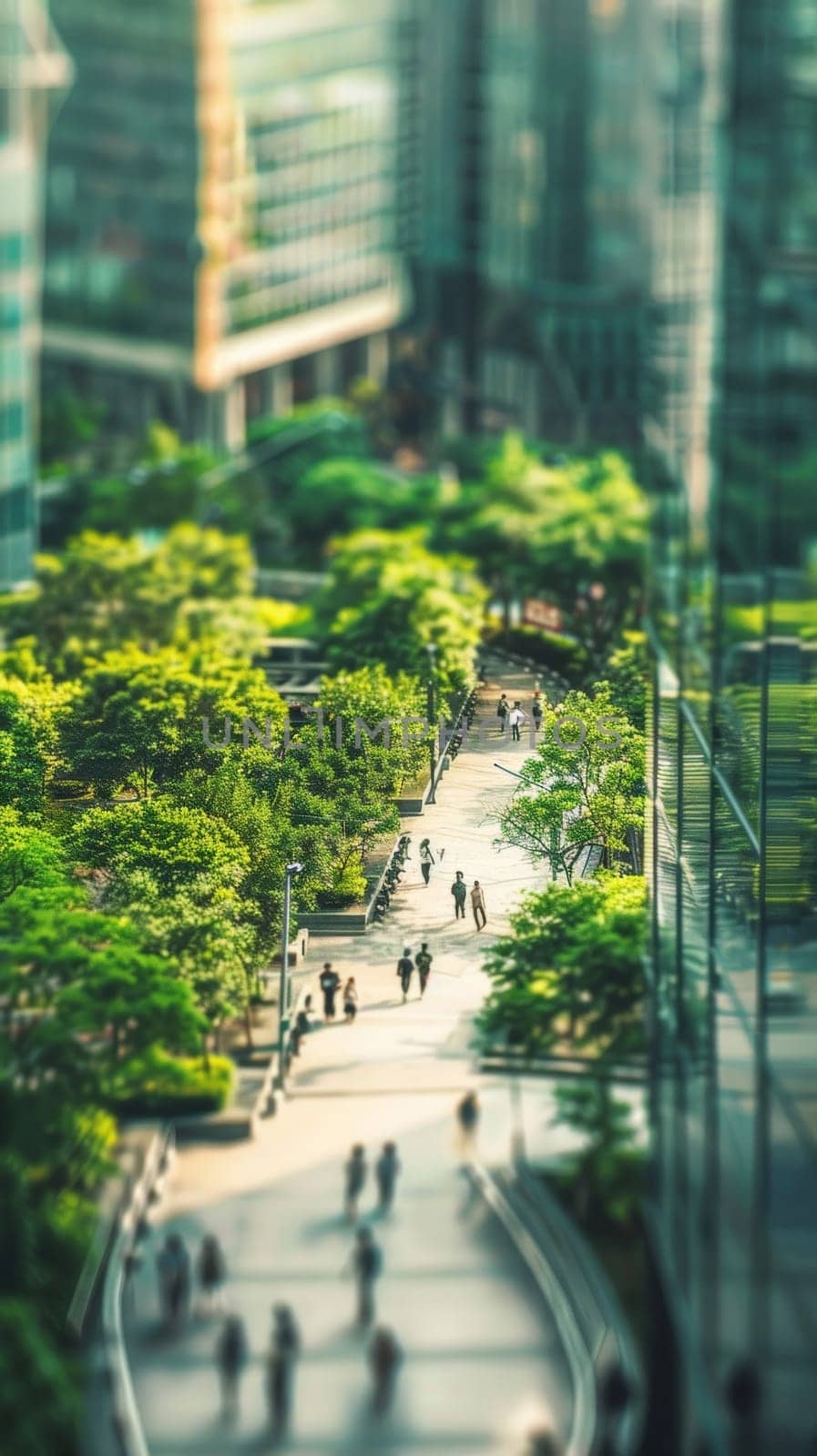 A fresh perspective of an urban corridor, flanked by reflective buildings and vibrant greenery, captured with a tilt-shift lens for a miniature effect