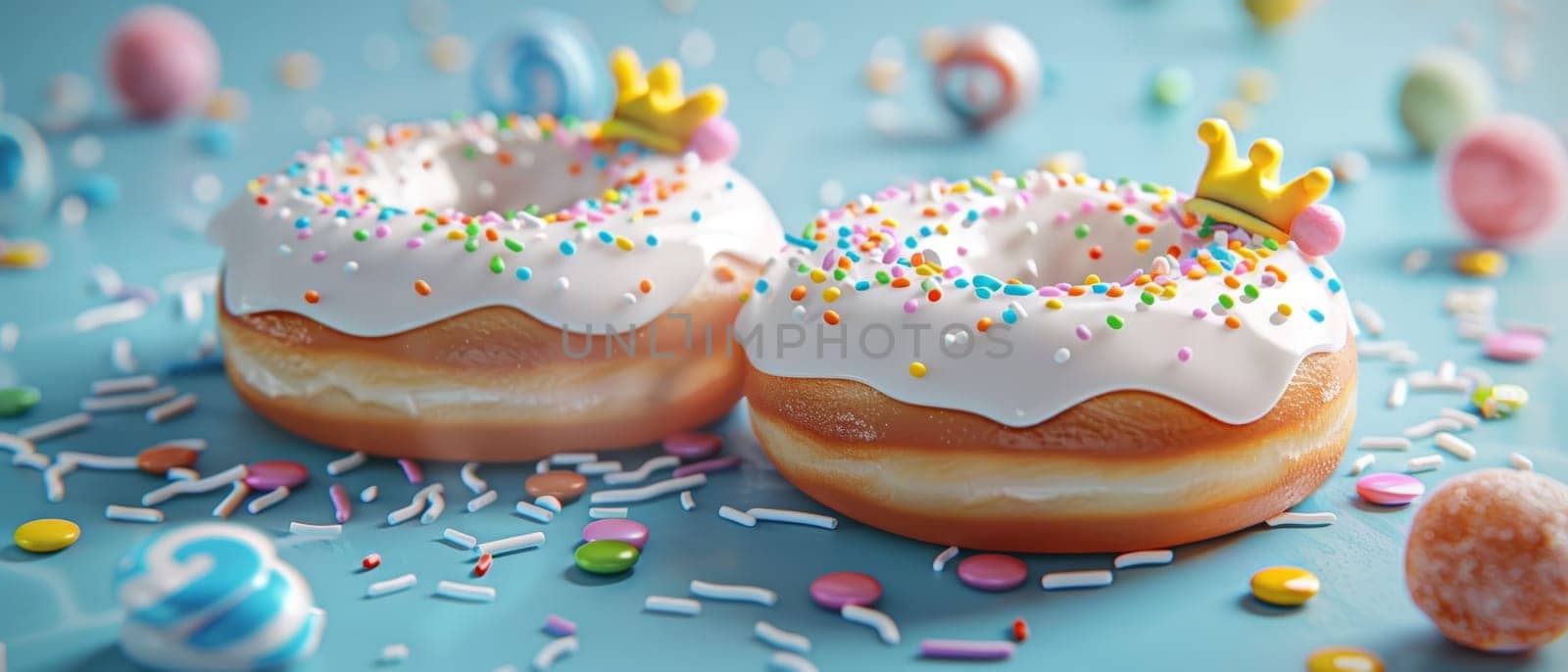 Twin frosted donuts adorned with colorful sprinkles and playful crowns, surrounded by candy treats on a cool blue backdrop. by sfinks