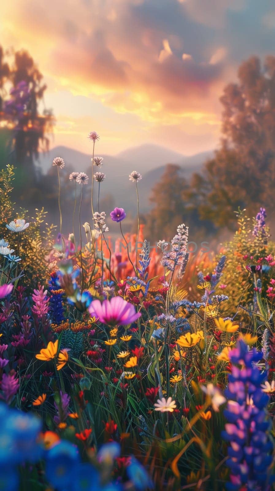 Twilight descends on a field of wildflowers, the delicate petals illuminated by the last rays of the days sunlight