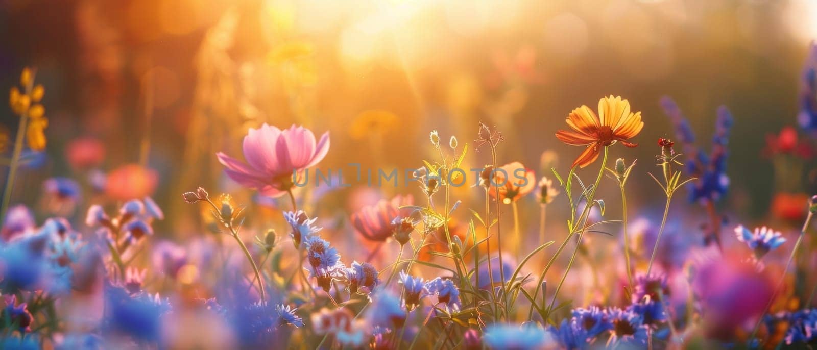 A wide-angle shot captures the tranquil beauty of wildflowers bathed in the golden glow of a setting sun, creating a serene atmosphere