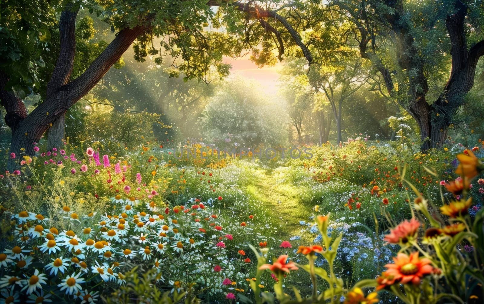 Sunlight filters through an old forest, illuminating a magical clearing filled with vibrant wildflowers