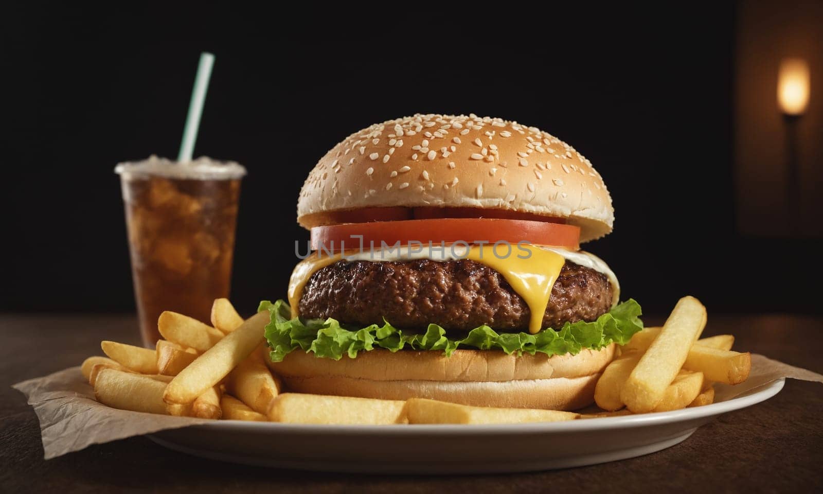 Commercial photo of a delicious hamburger with crispy chips on the side.