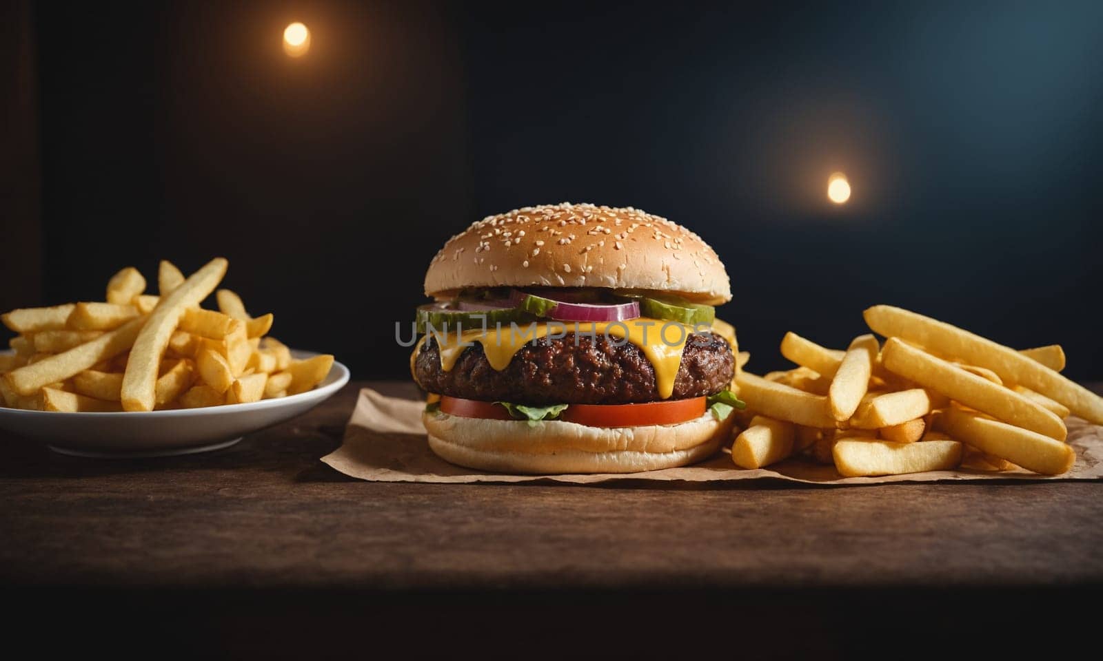 Commercial photo of a delicious hamburger with crispy chips on the side.