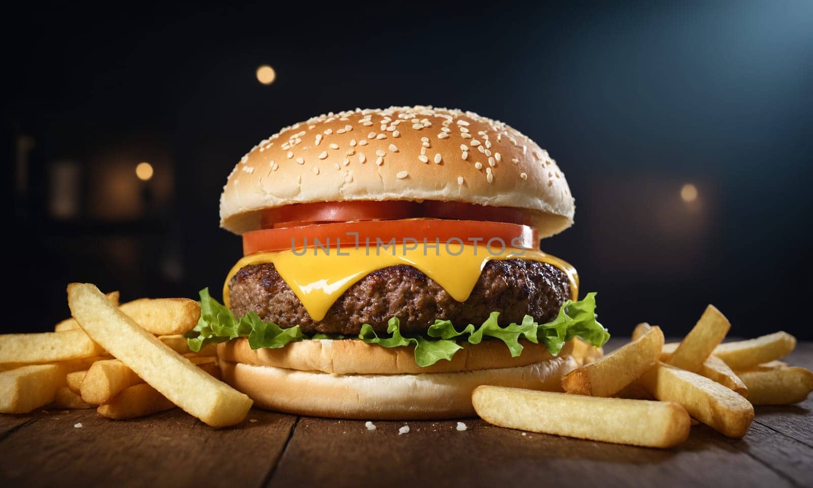 Commercial photo of a delicious hamburger with crispy chips on the side.
