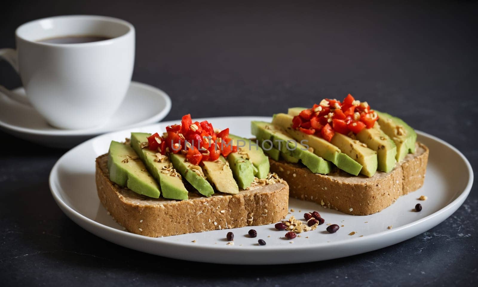 Stylized photograph of avocado toast on toasted rye bread, topped with sesame seeds, chopped red pepper, and a drizzle of olive oil. Served on a ceramic plate with a modern coffee cup