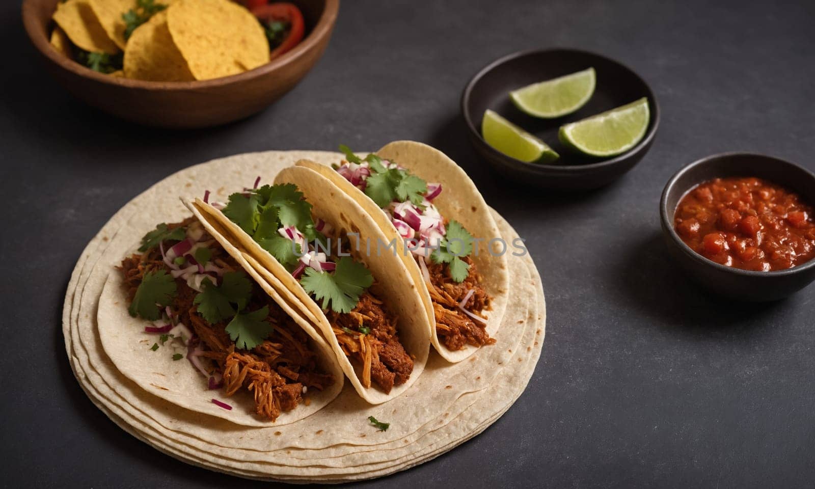 Vibrant photo of Mexican tacos with tender meat, fresh salsa, cilantro, and lime slices, served in crispy tortilla shells