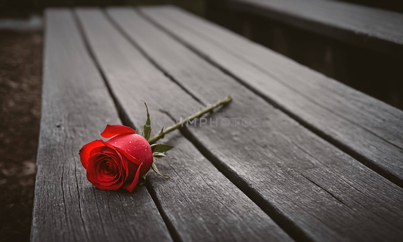 A photo of a single red rose lies gently on a weathered wooden bench, its velvety petals spread wide against the aged grain of the wood