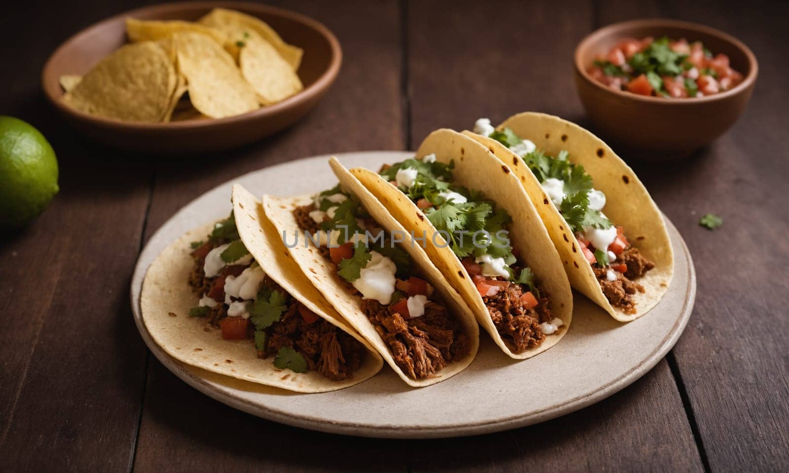 Vibrant photo of Mexican tacos with tender meat, fresh salsa, cilantro, and lime slices, served in crispy tortilla shells