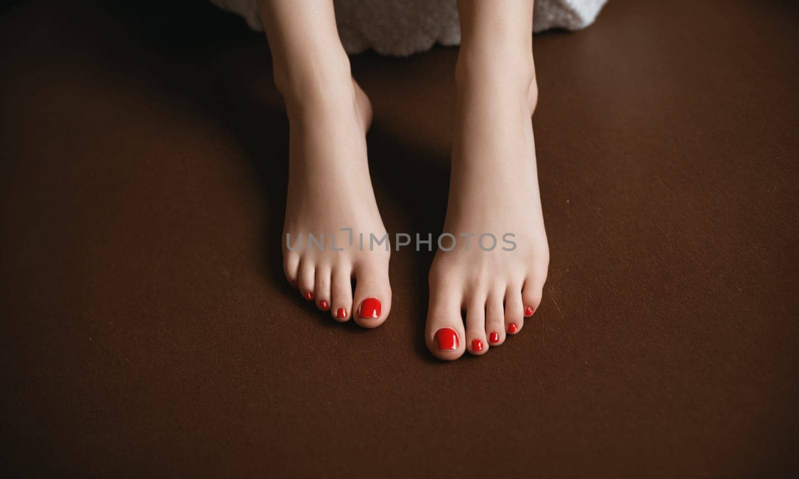 Close up well-groomed feet of young girl with red nail polish