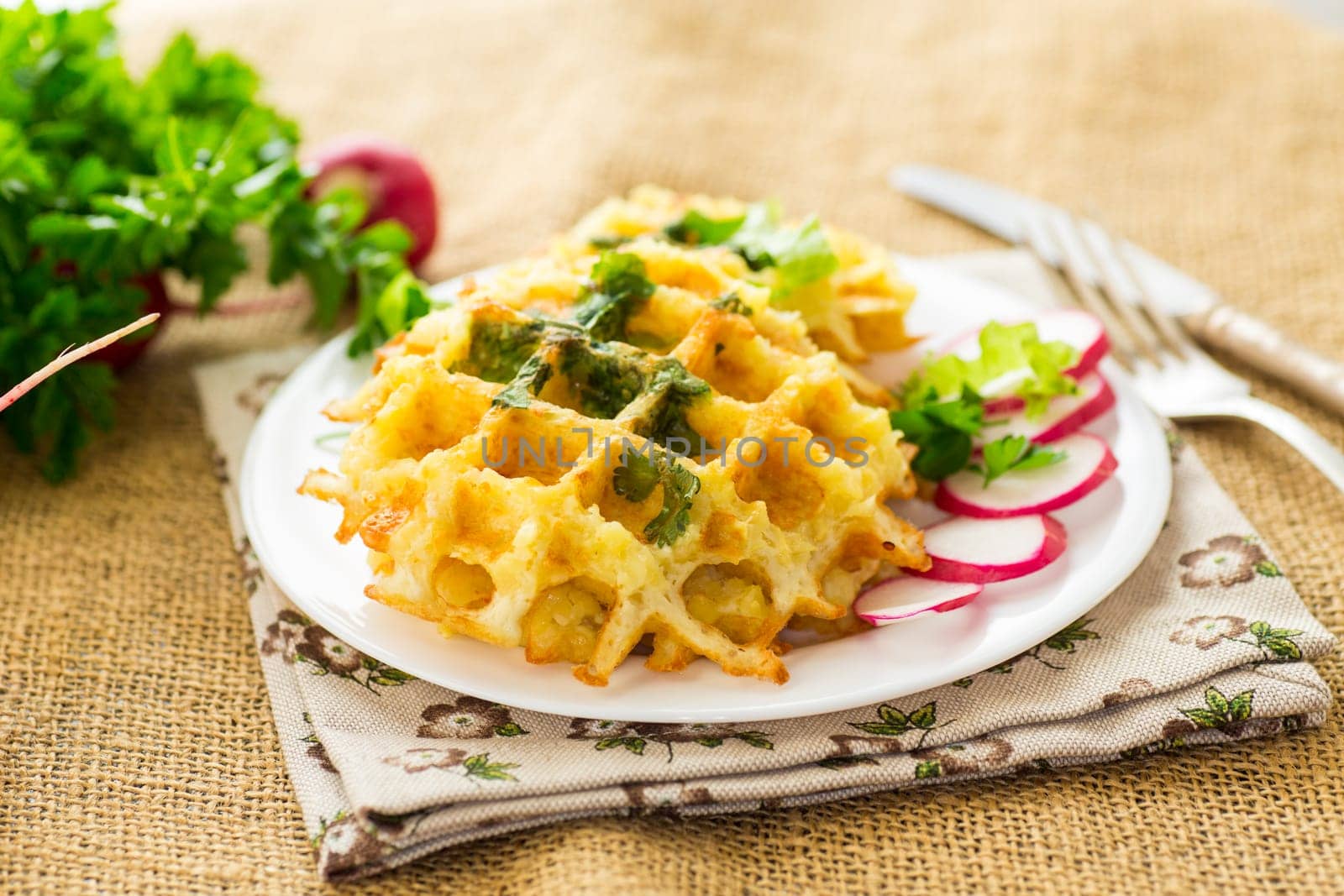 fried crispy vegetable potato waffles .