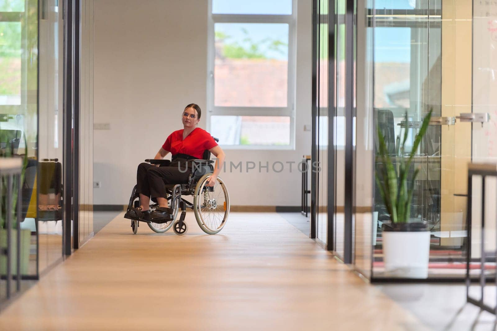 A modern young businesswoman in a wheelchair is surrounded by an inclusive workspace with glass-walled offices, embodying determination and innovation in the business world by dotshock