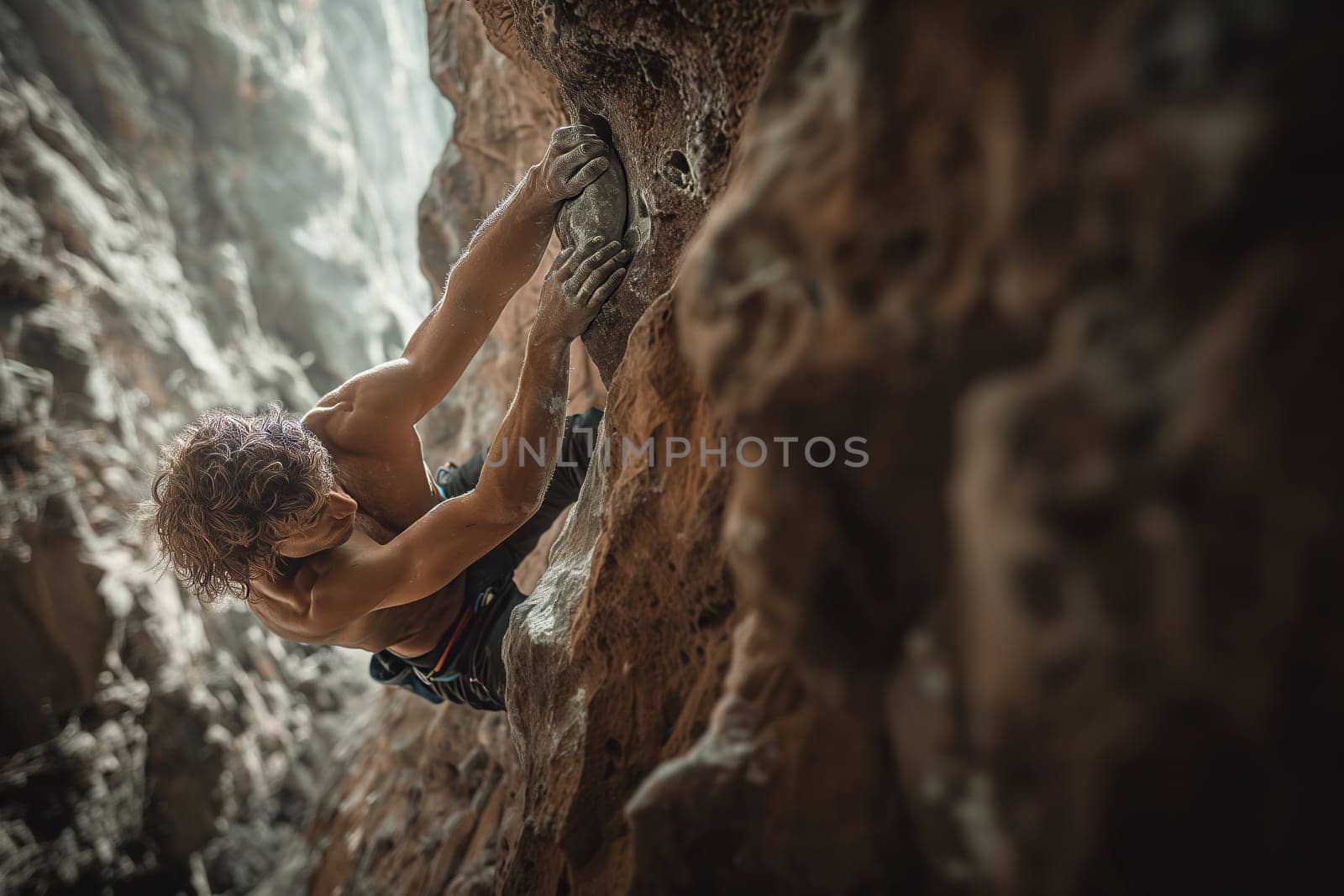 a climber climbs a mountain holding onto the ledges with his hands. Top view