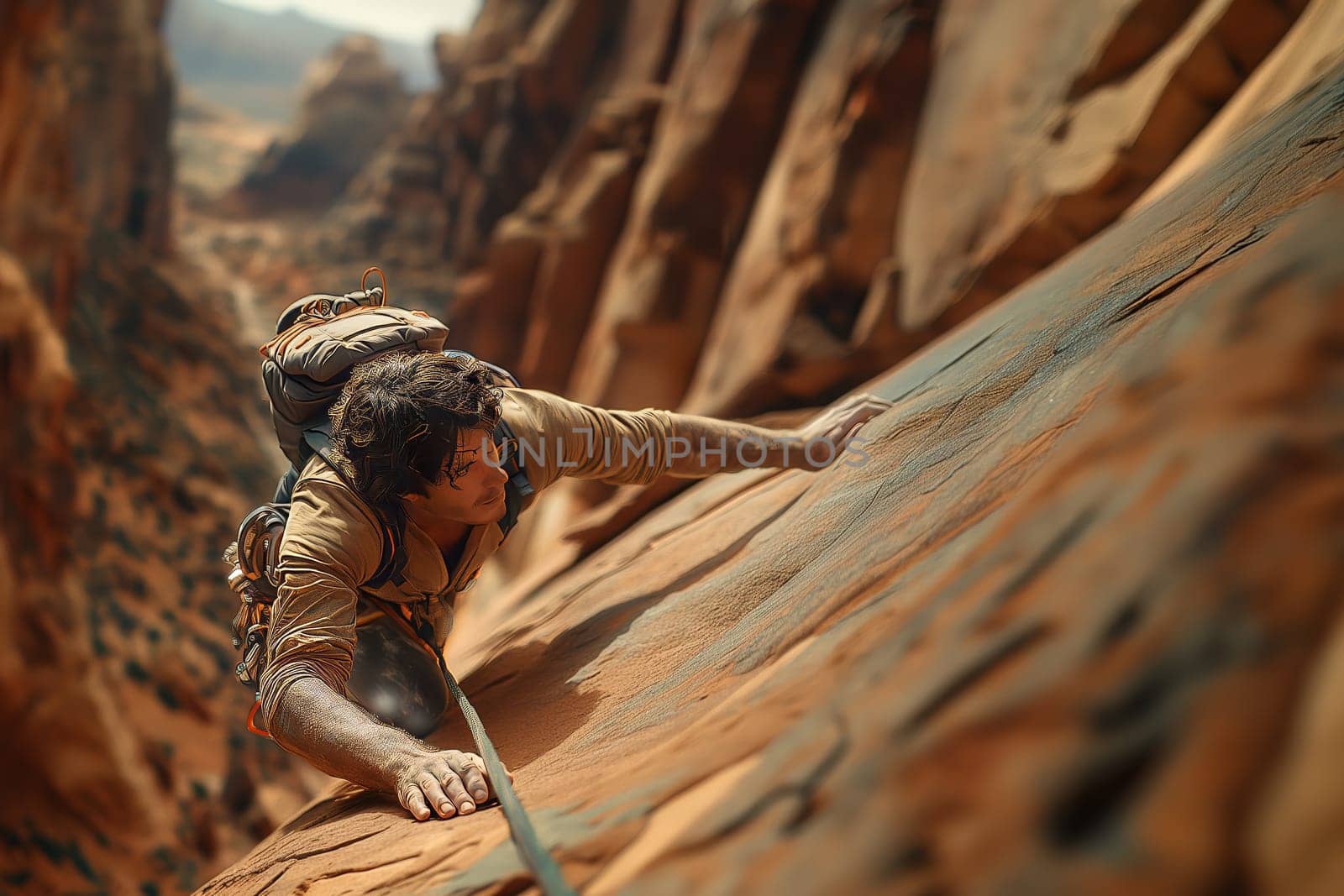 a climber climbs a mountain holding onto the ledges with his hands. Top view