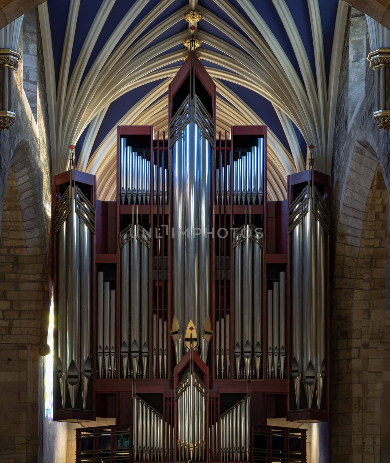 Edinburgh, Scotland - Jan 18, 2024 - Church organ of The thistle chapel in St Giles' Cathedral or the High Kirk. The most important place of worship in the Edinburgh, Space for text, Selective focus.