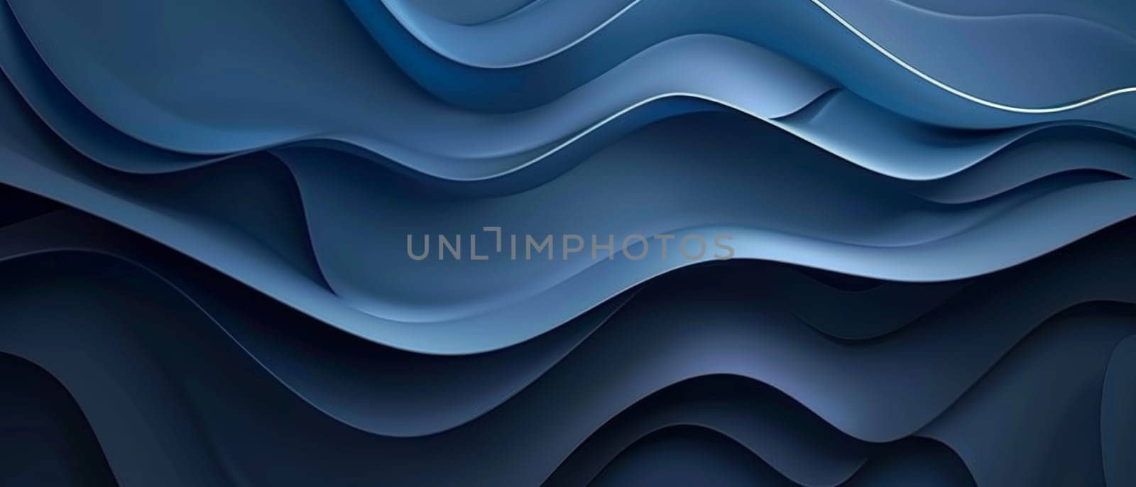 Layered waves of serene blue create a harmonious abstract pattern, wide in scope, suggesting depth and calmness