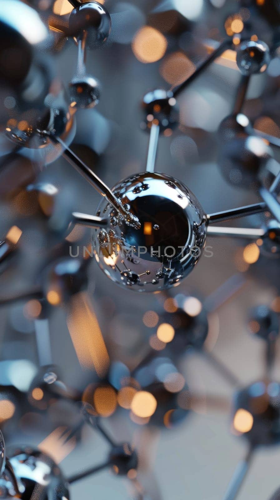 A close-up view features a detailed metallic molecular model with a bokeh background, emphasizing the reflections on the shiny surfaces. by sfinks