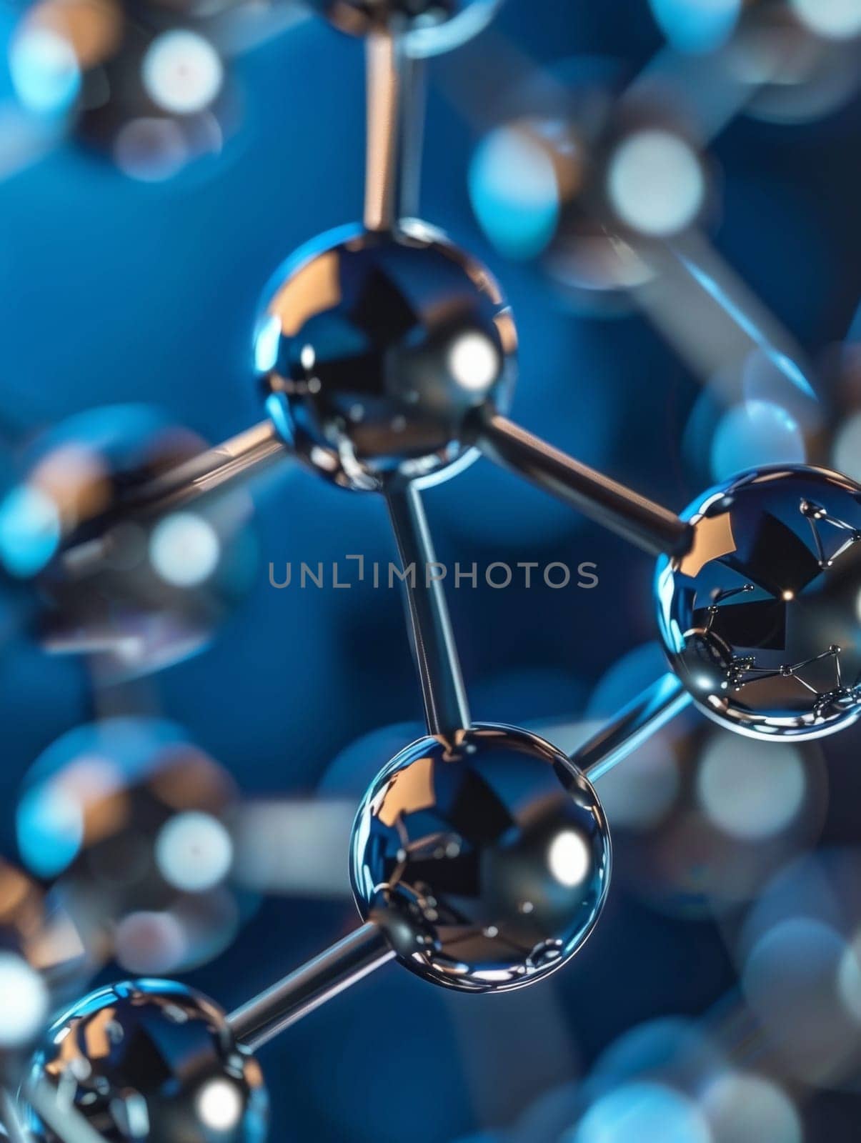 Detailed rendering of a molecular structure with reflective spheres and rods on a deep blue background, symbolizing advanced science. by sfinks