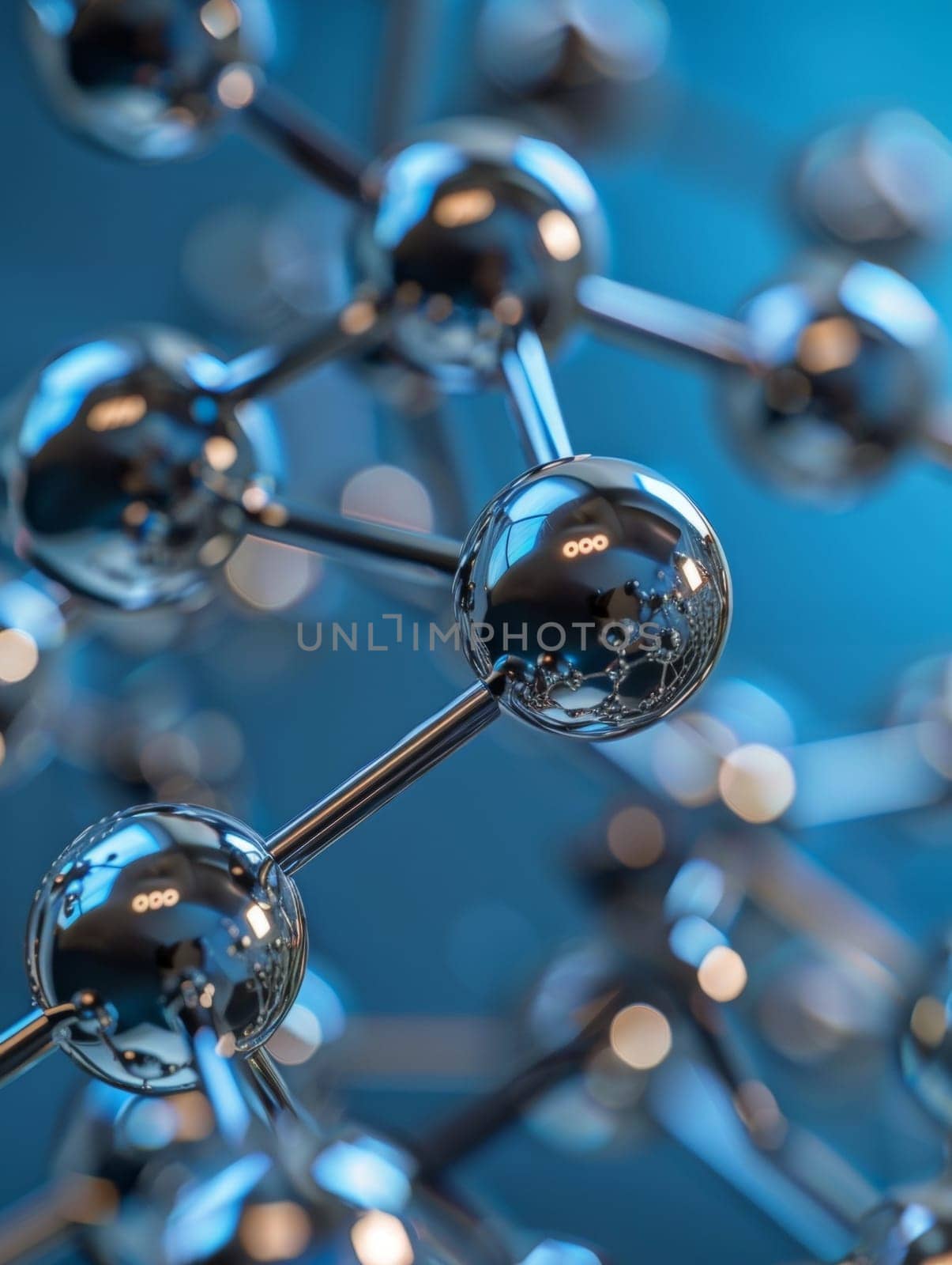 Macro shot of a sophisticated molecular mesh with reflective nodes and connections, set against a gradient blue backdrop