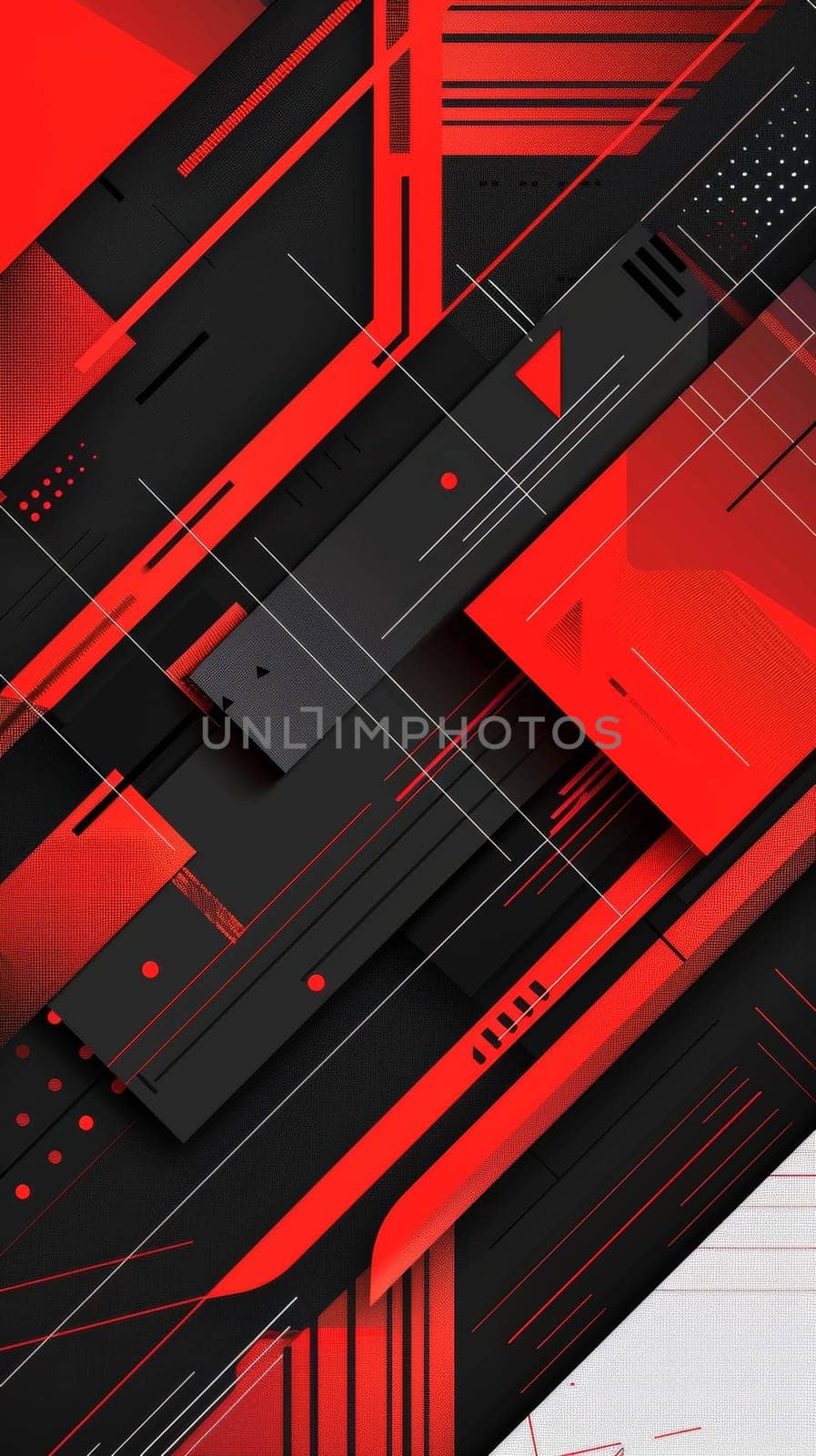 Dynamic red geometric elements surge across a black technological backdrop, creating an abstract, futuristic pattern. Black white red abstract geometric presentation