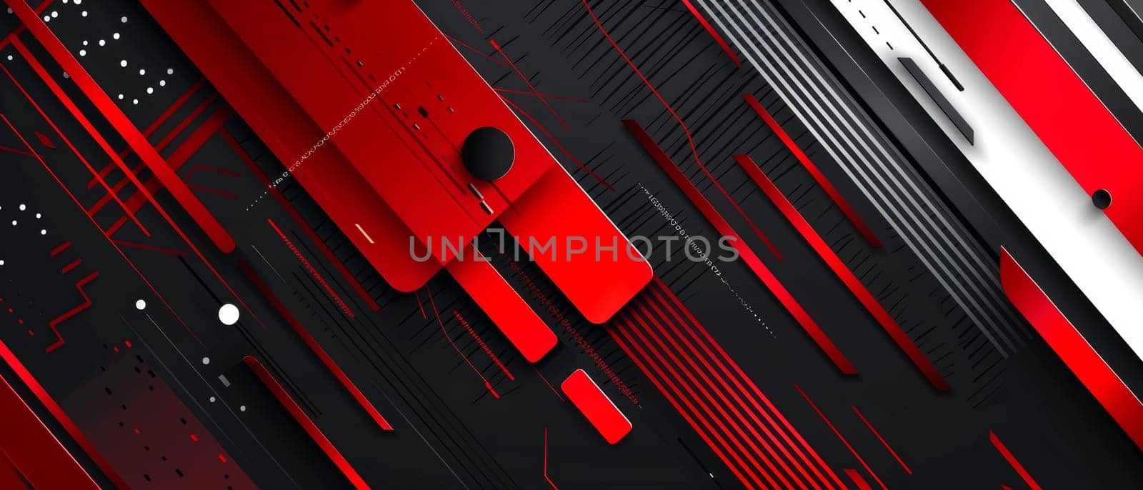 A dynamic composition of abstract geometric shapes in vivid red and deep black, creating a visually impactful wide-format design. Black white red abstract geometric presentation. by sfinks