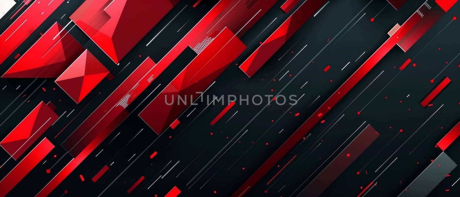 Artistic abstract of red crystalline shapes on a stark black background with diagonal lines and dynamic composition in a wide format. Black red abstract geometric presentation. by sfinks