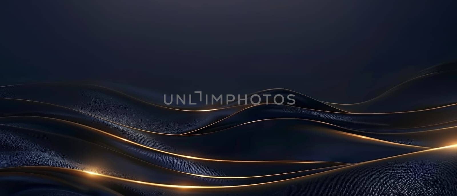 A high-resolution abstract image where waves of midnight blue are elegantly accented with a subtle golden glaze. Blue gold abstract wave lines background